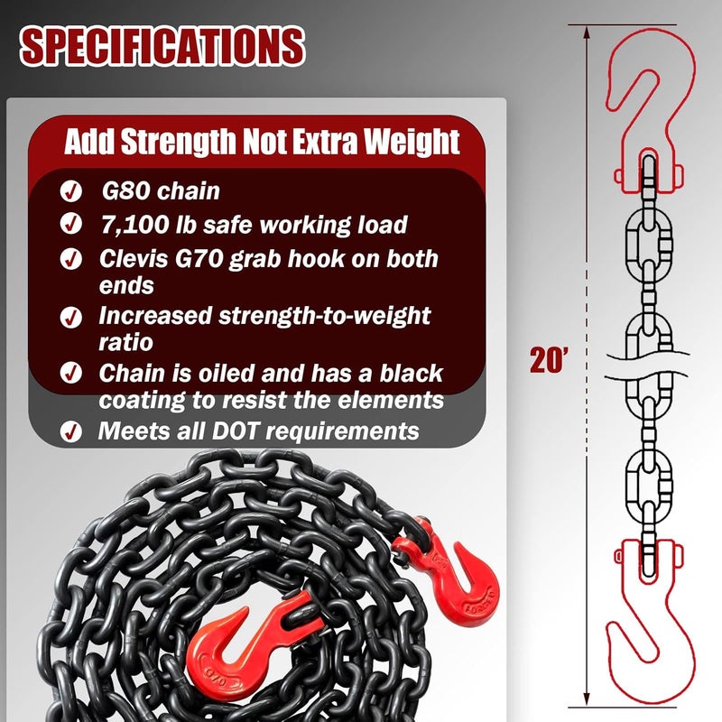 FITHOIST G80 Transport Binder Chain 3/8 Inch x 10 Foot | Tow Chain with Clevis Grab Hooks | 7,100 lbs Safe Working Load | Heavy Duty Chain for Transporting Towing (3/8'' x 10FT (Black)) - Image 4